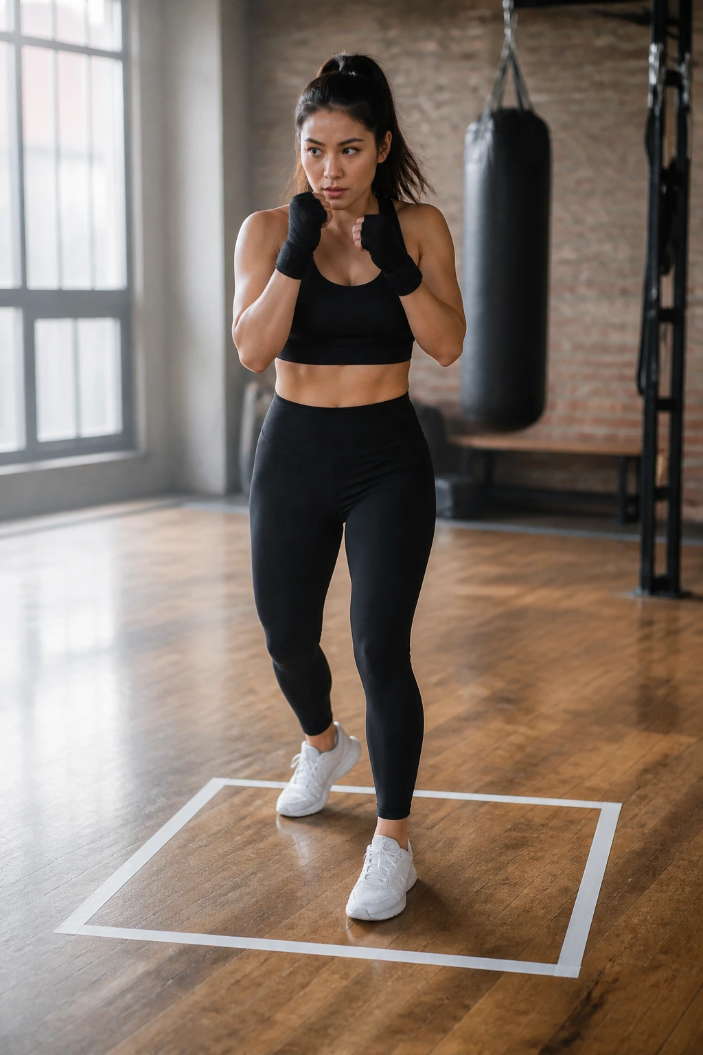 Woman practicing inside a taped 2x2 foot square on gym floor