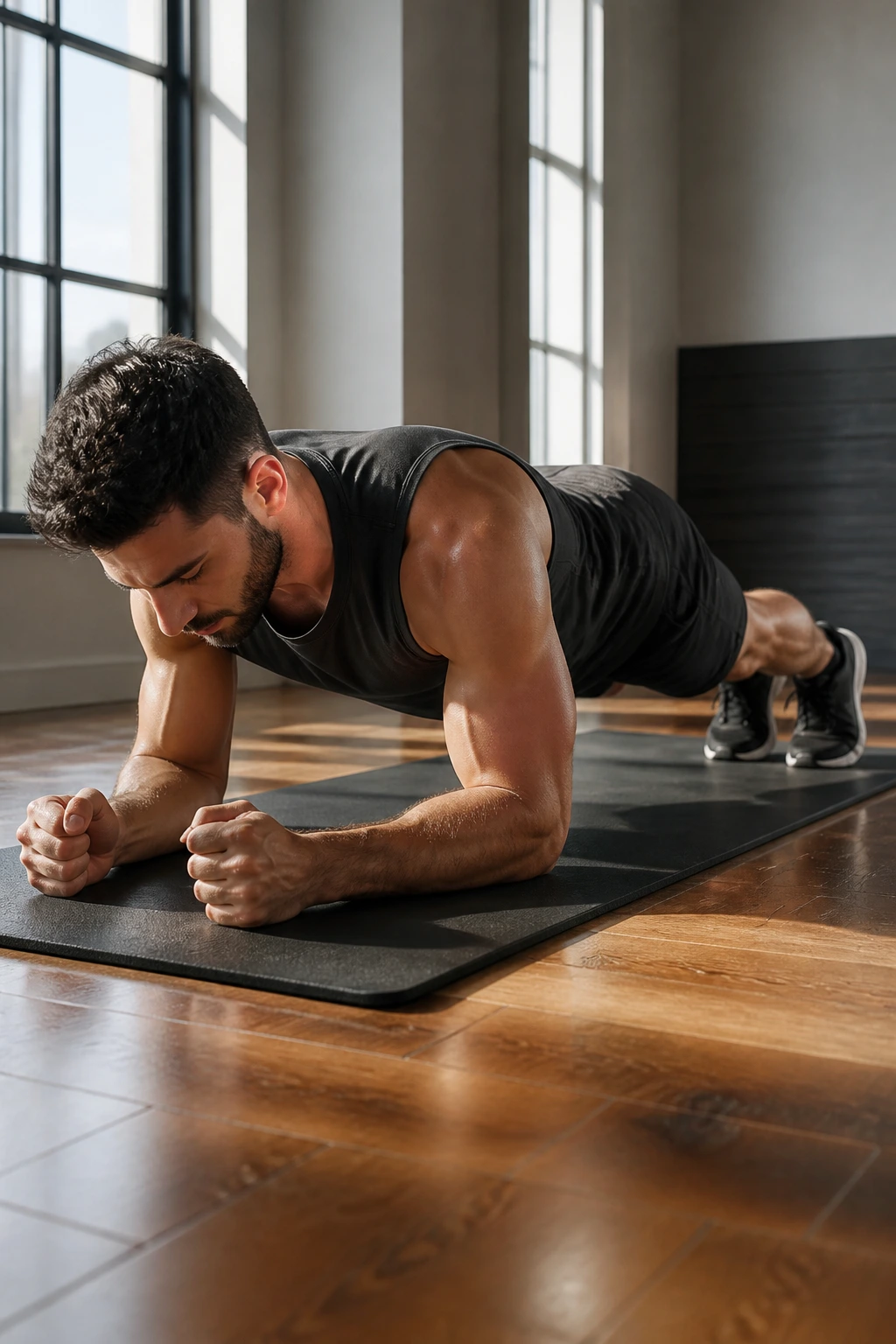 Real person performing forearm plank on gym mat with straight body line.
