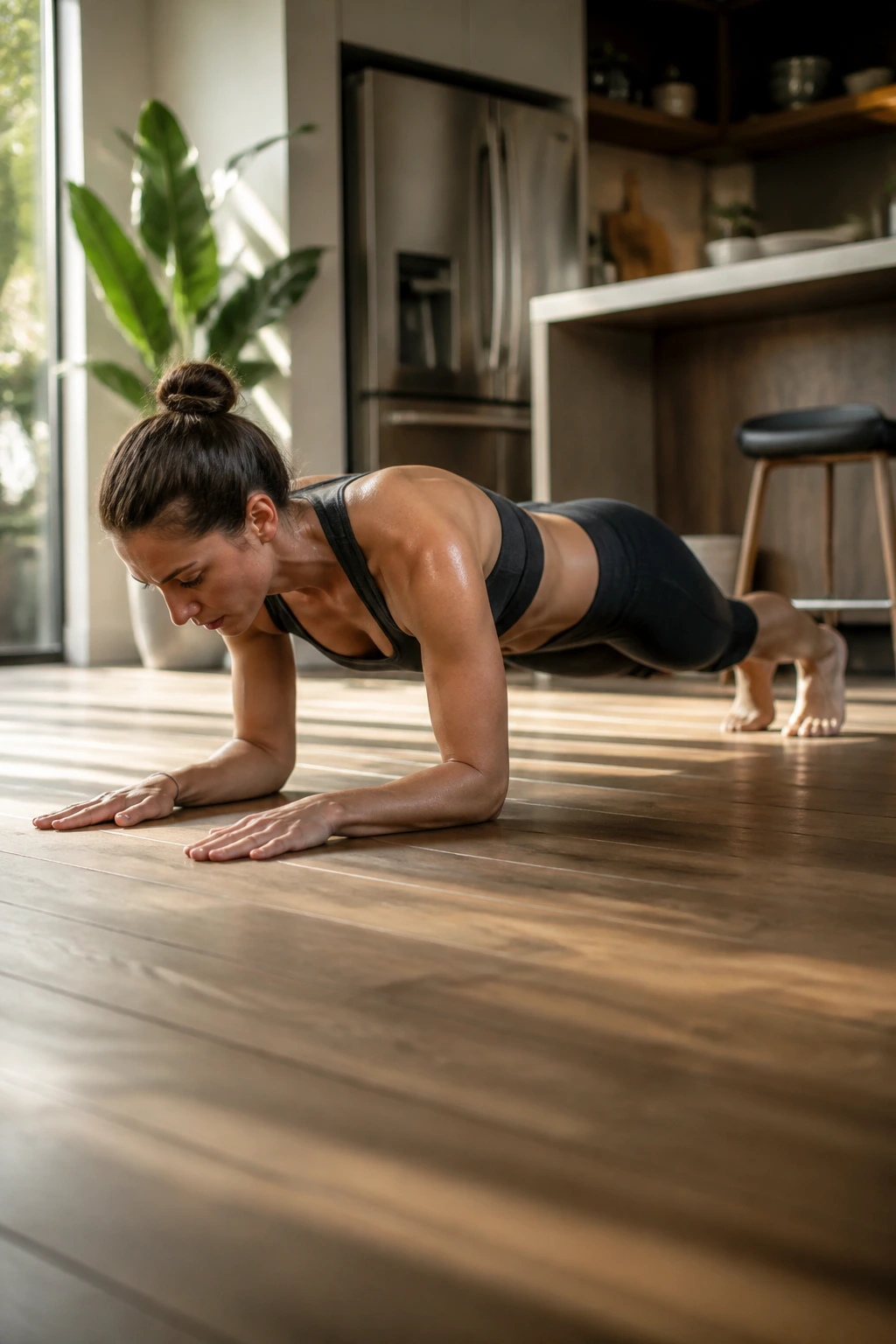 Person in forearm plank with elbows under shoulders on a mat in a bright kitchen