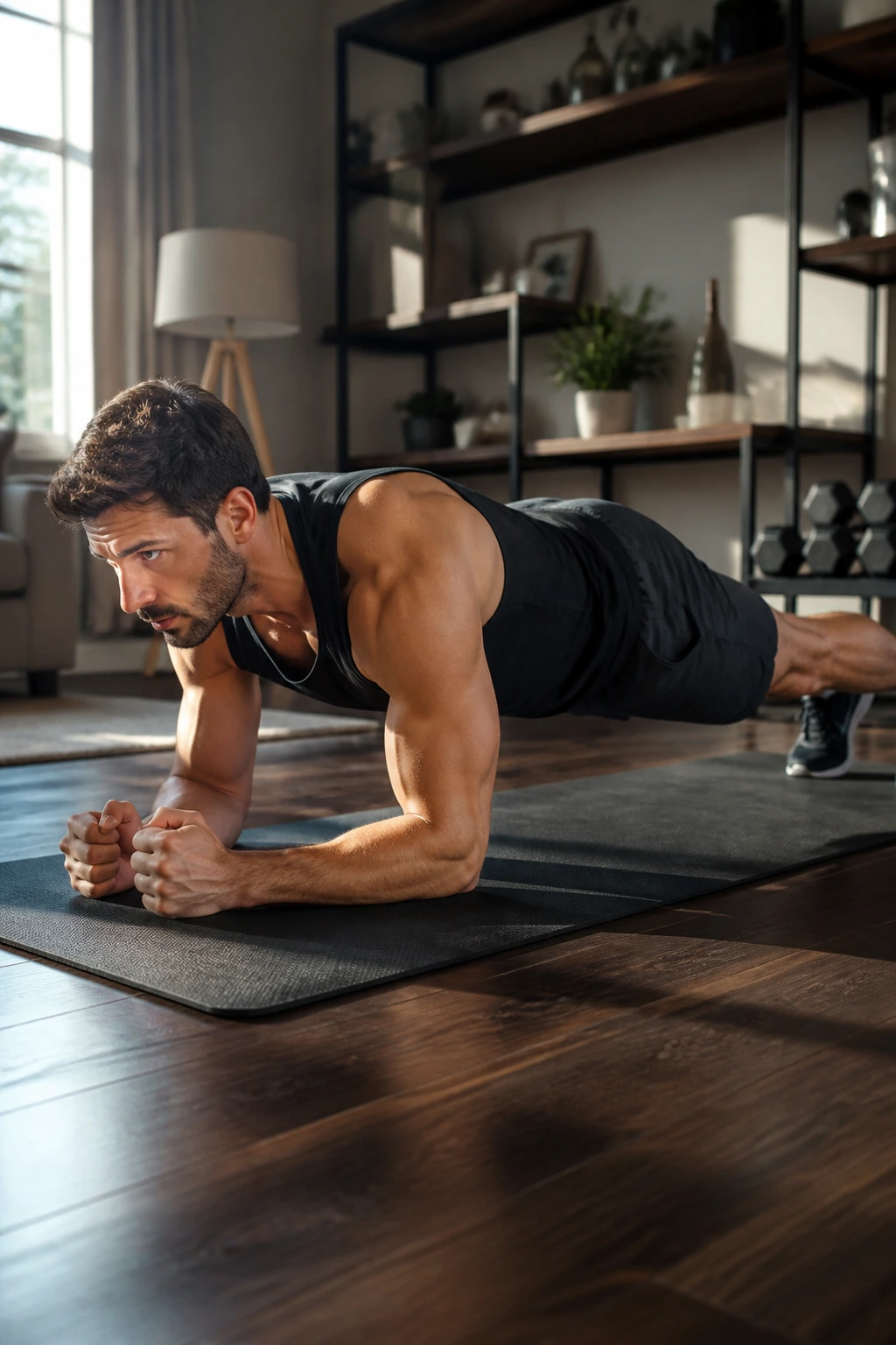Person performing a proper forearm plank with a straight line