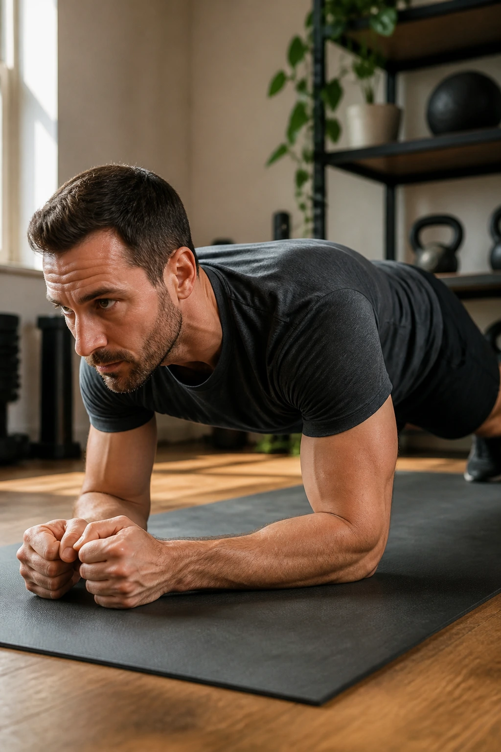 Forearm plank with tiny forward-back rock showing core bracing.