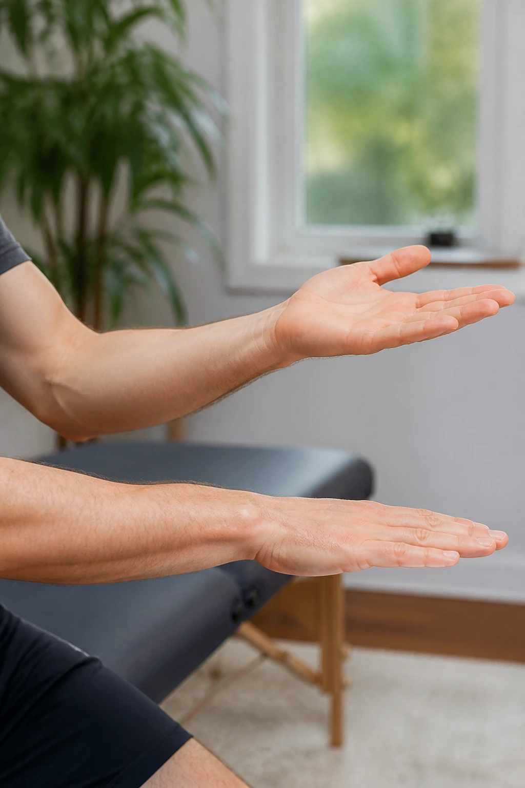 Close-up of forearm rotation exercise showing supination and pronation
