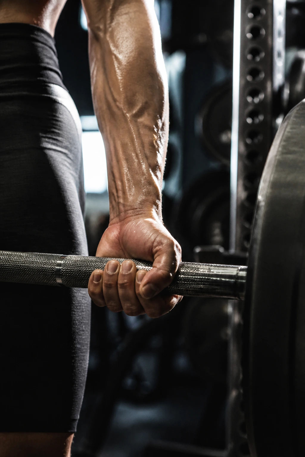Close-up of tense forearm gripping barbell in gym