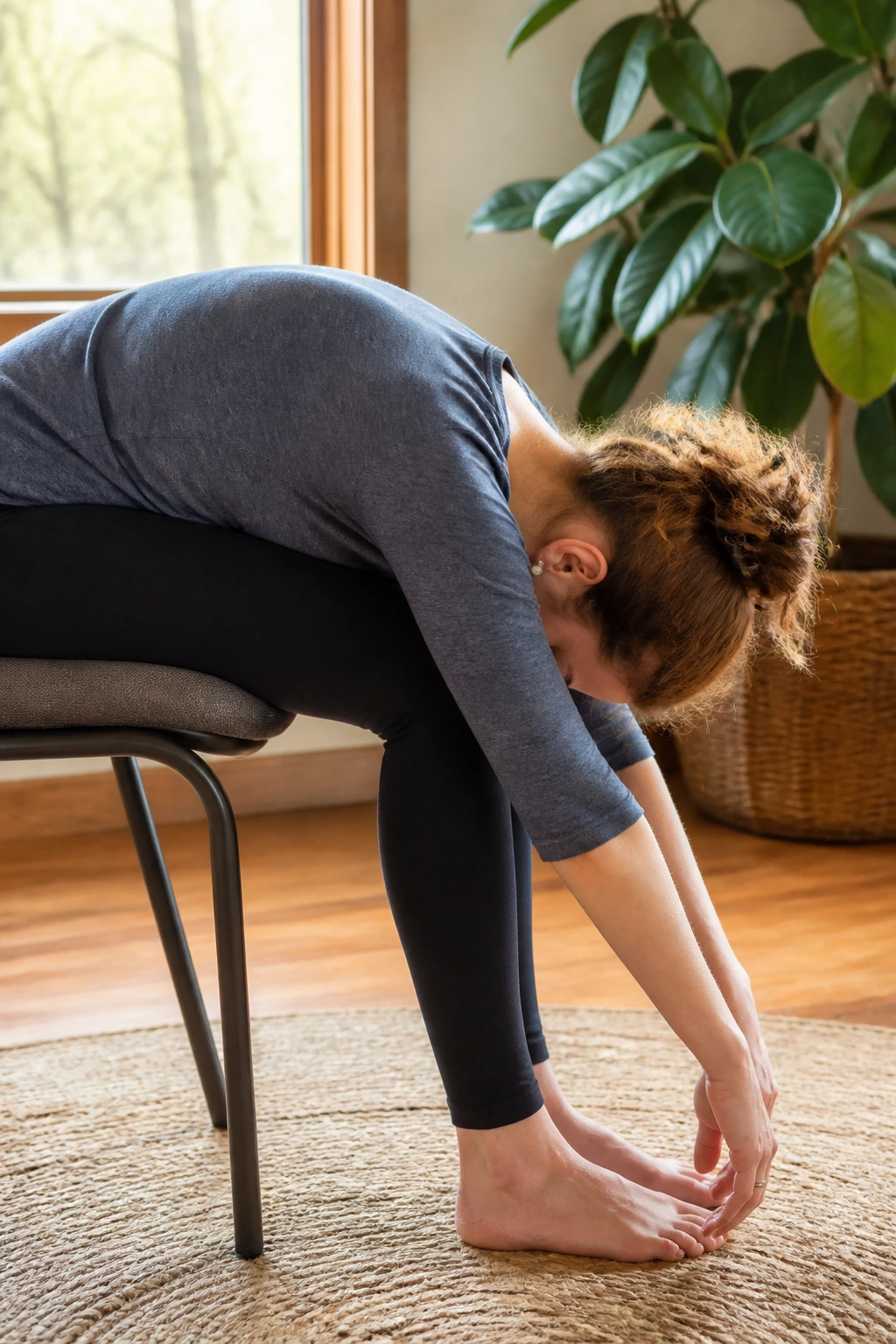 Real person performing seated forward fold over thighs on a chair in a cozy living room with natural light