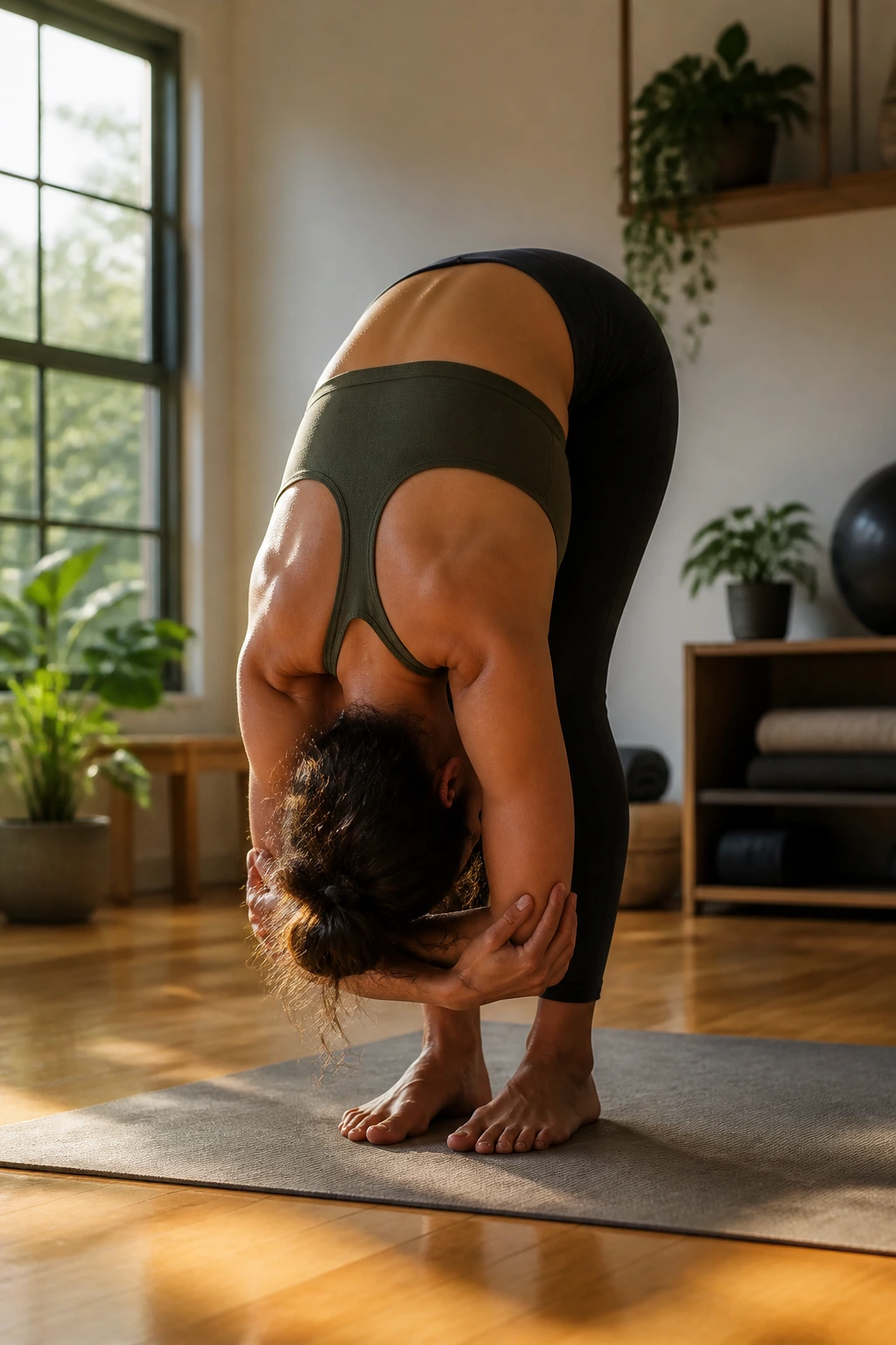 Real person in Uttanasana Forward Fold with torso over legs in a warm home space.