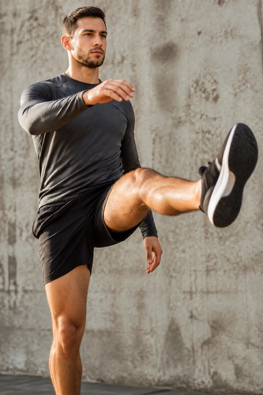 Close-up of a person performing forward leg swings against a gym wall