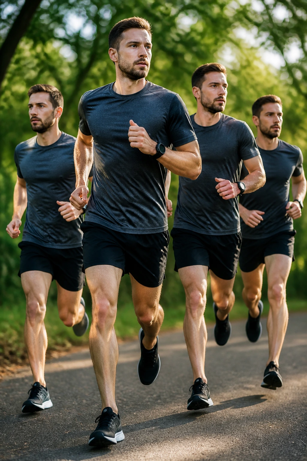 Runner mid-stride on a park path implying four training days