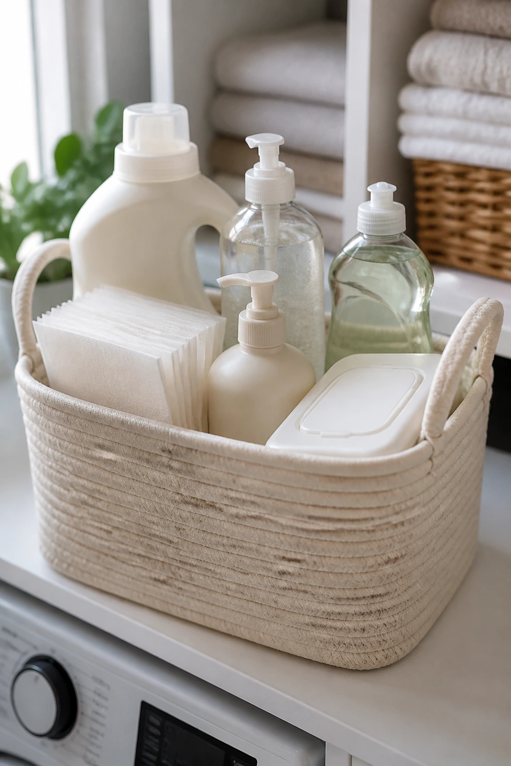 Close-up of fragrance-free laundry supplies in a tidy basket on a laundry shelf