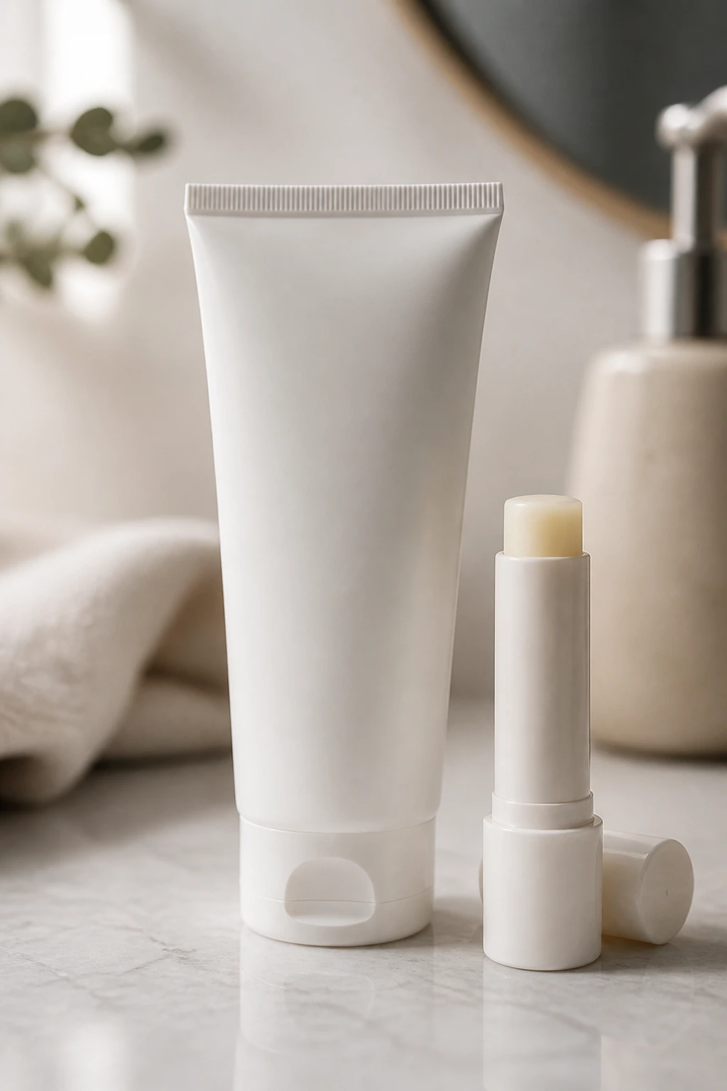 Close-up of fragrance-free moisturizer and lip balm on a clean surface.