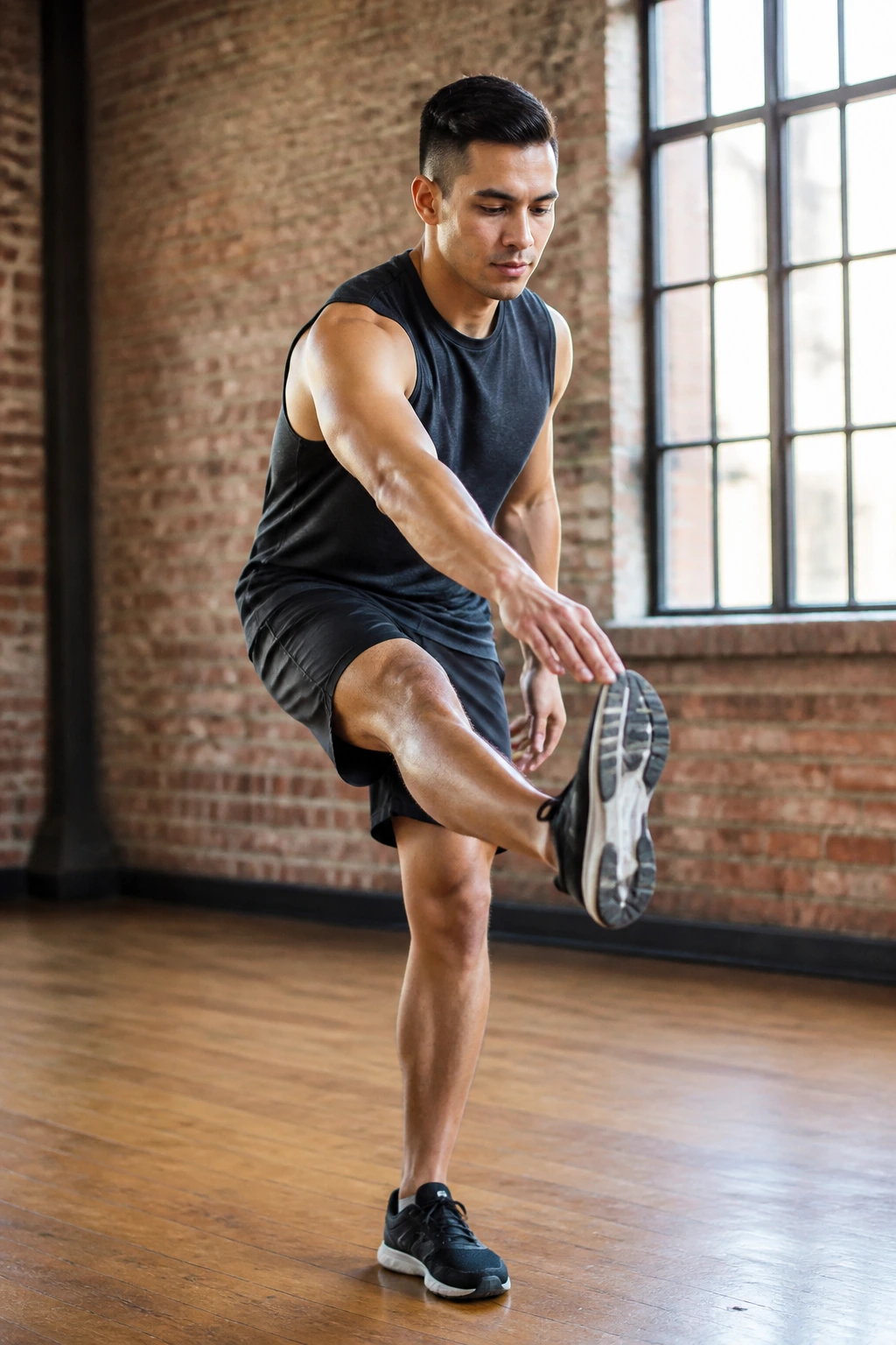 Close-up of a person performing Frankenstein Walk in a gym