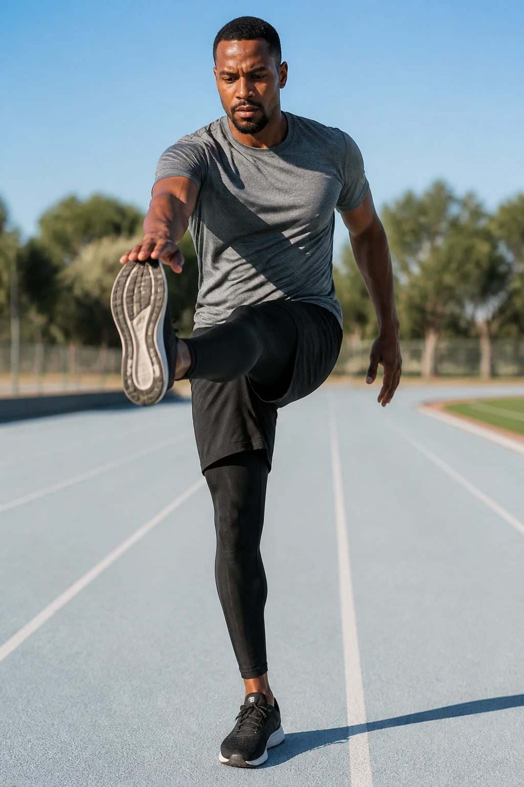 Mid-shot of a person performing Frankenstein Walks on a track