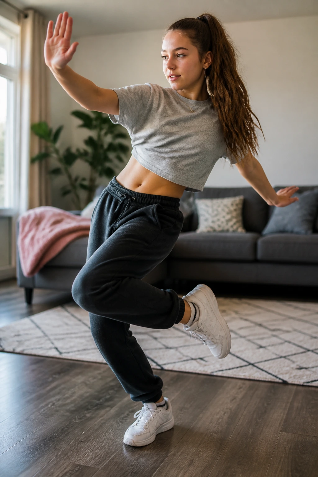 Teen girl in a freeze pose dancing in a home living room.