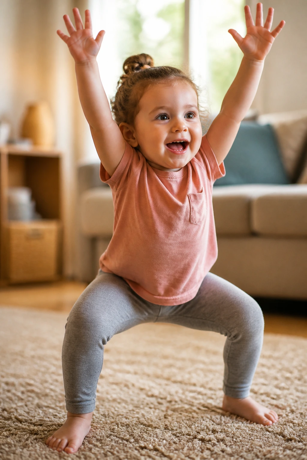 Close-up of a toddler performing a squat and reach during freeze dance in a cozy living room.