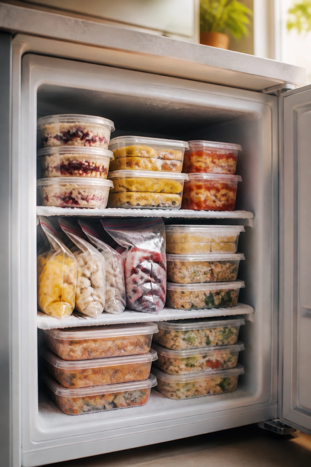 Close-up of a compact freezer interior with organized frozen breakfasts and microwave meals filling the frame