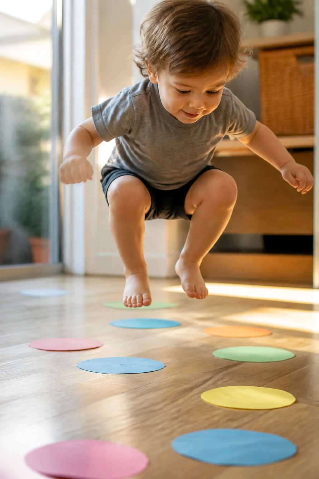 Toddler performing frog jump over paper puddles on the floor.
