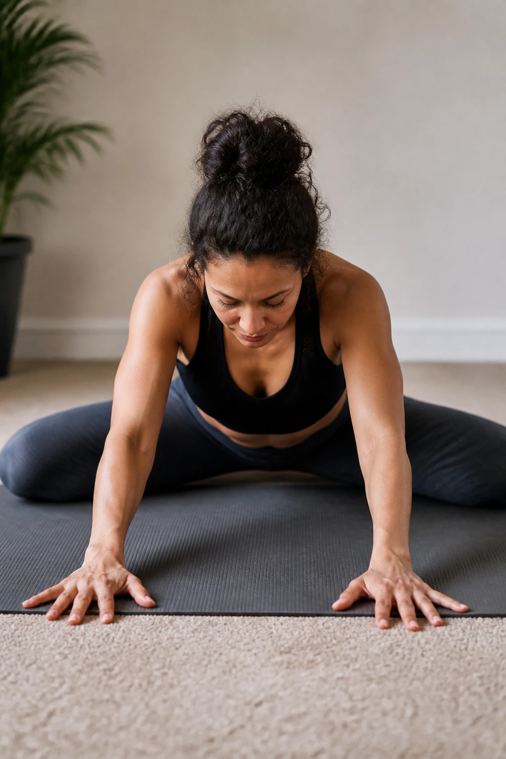 Close-up of a person in frog pose on a mat with knees wide apart