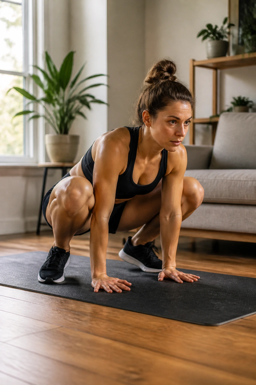Person performing frogger squats in a home workout space