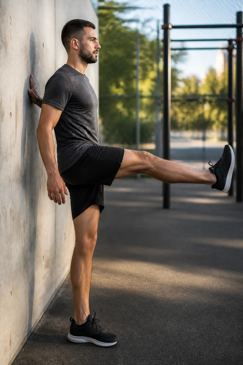 Person performing front-to-back leg swings by a wall during warmup