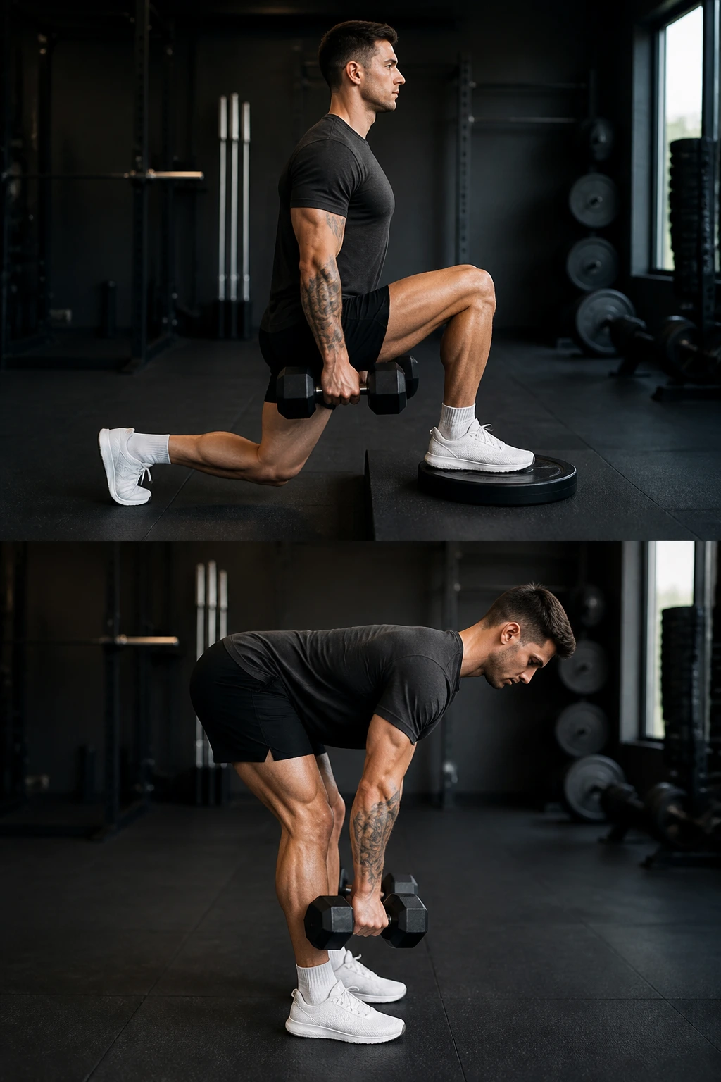 Medium shot of a person performing a front-foot-elevated split squat with dumbbells.