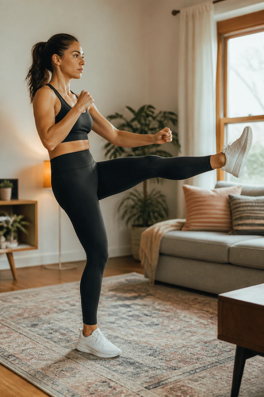 Side profile performing front kicks with return