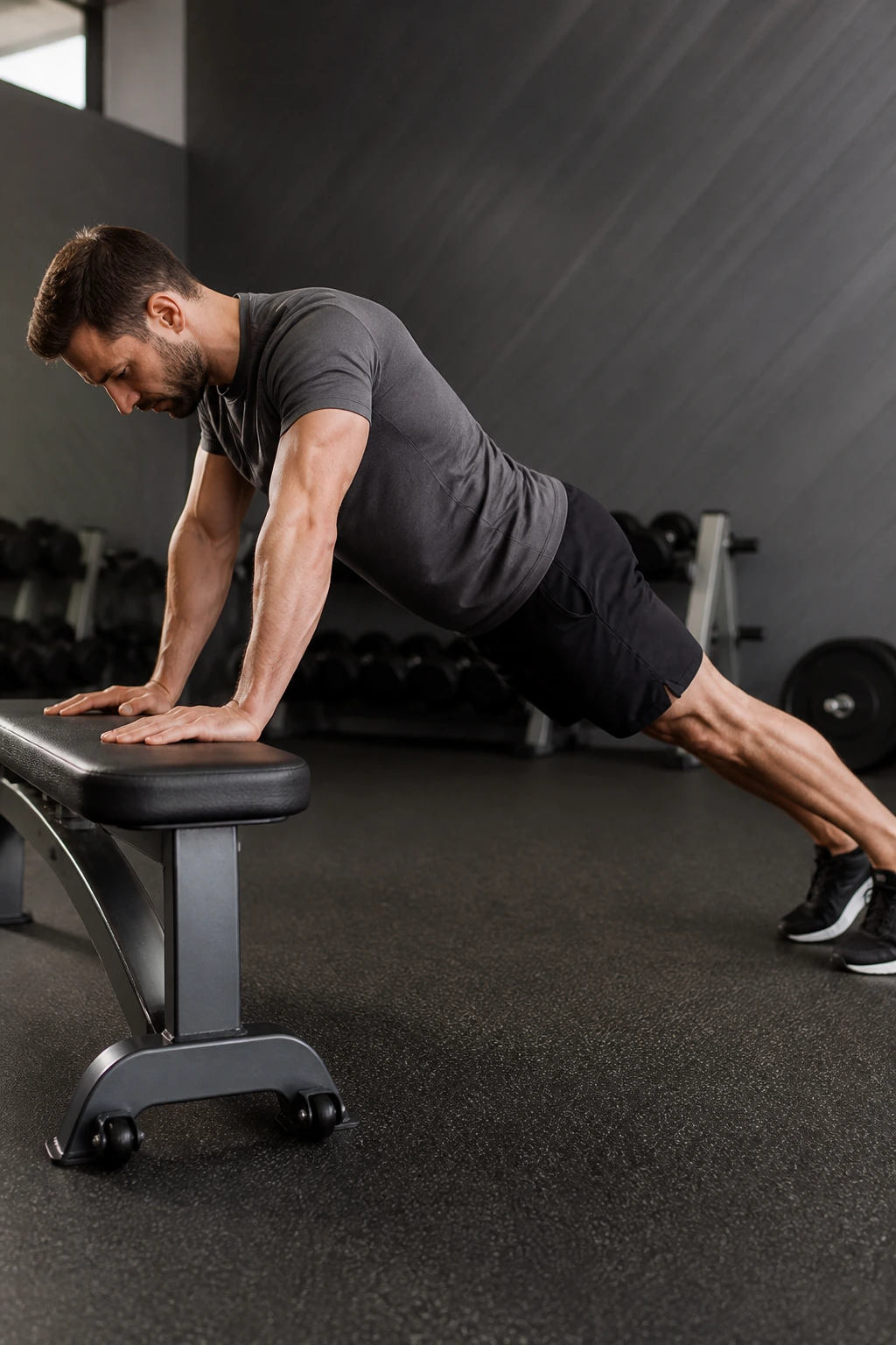 Medium close image of a person doing a hands-elevated front plank on a bench