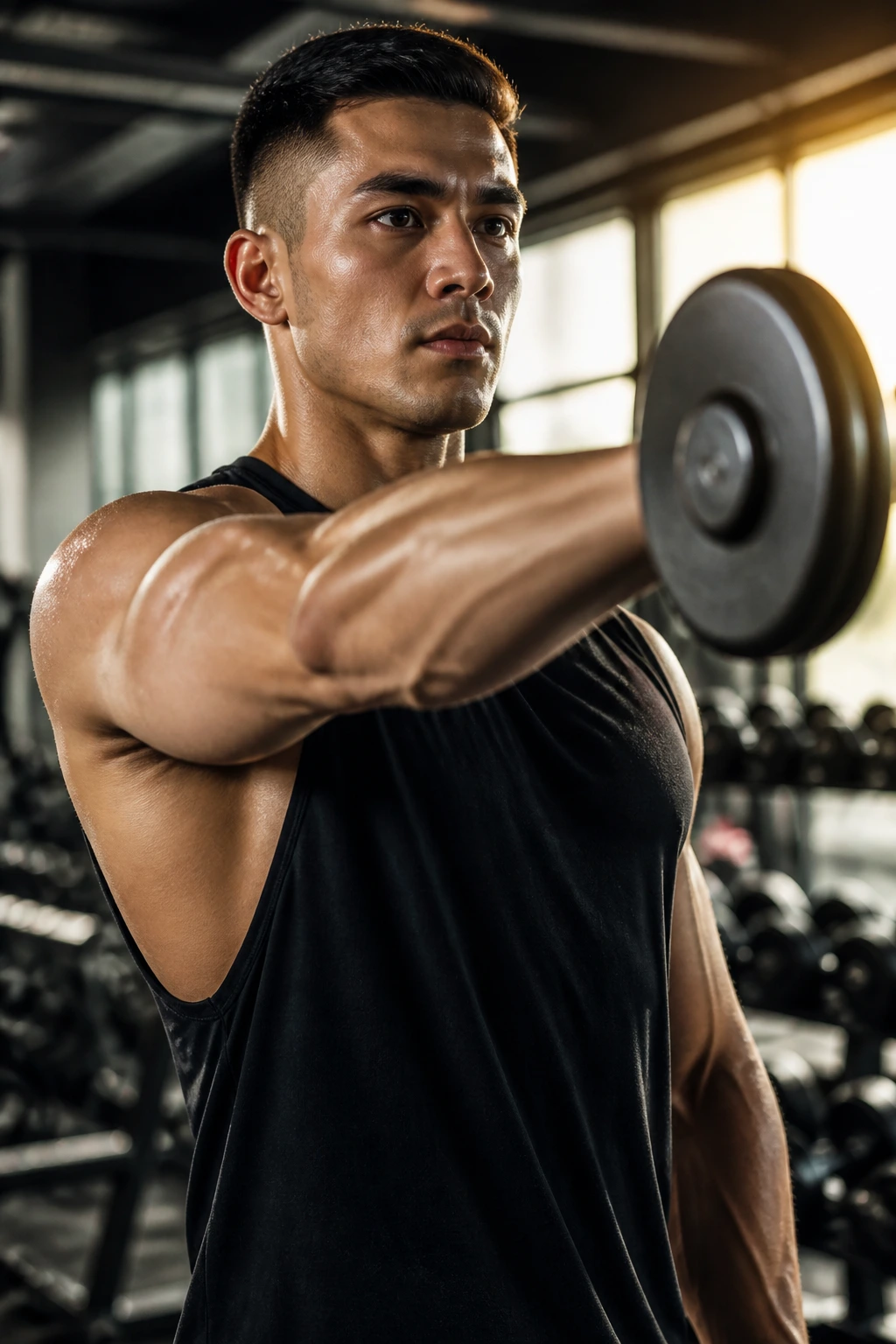 Lifter performing front raise with dumbbell highlighting front delt activation