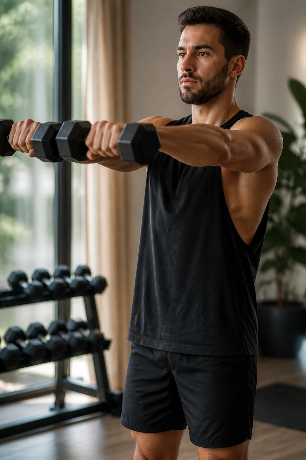 Front raise exercise with dumbbells focusing on the front delts