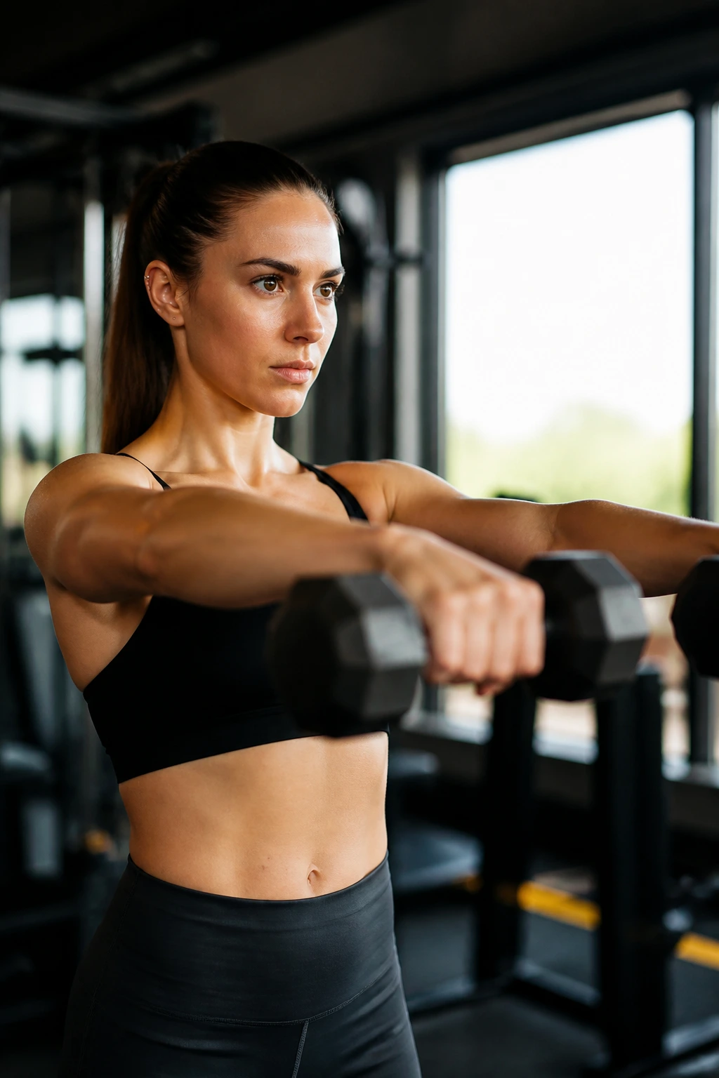 Close-up of a person performing front raises to target the front shoulder