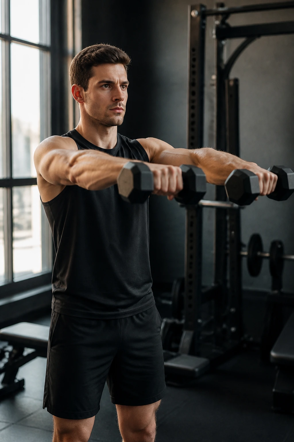 Real person performing front raises with dumbbells in a gym