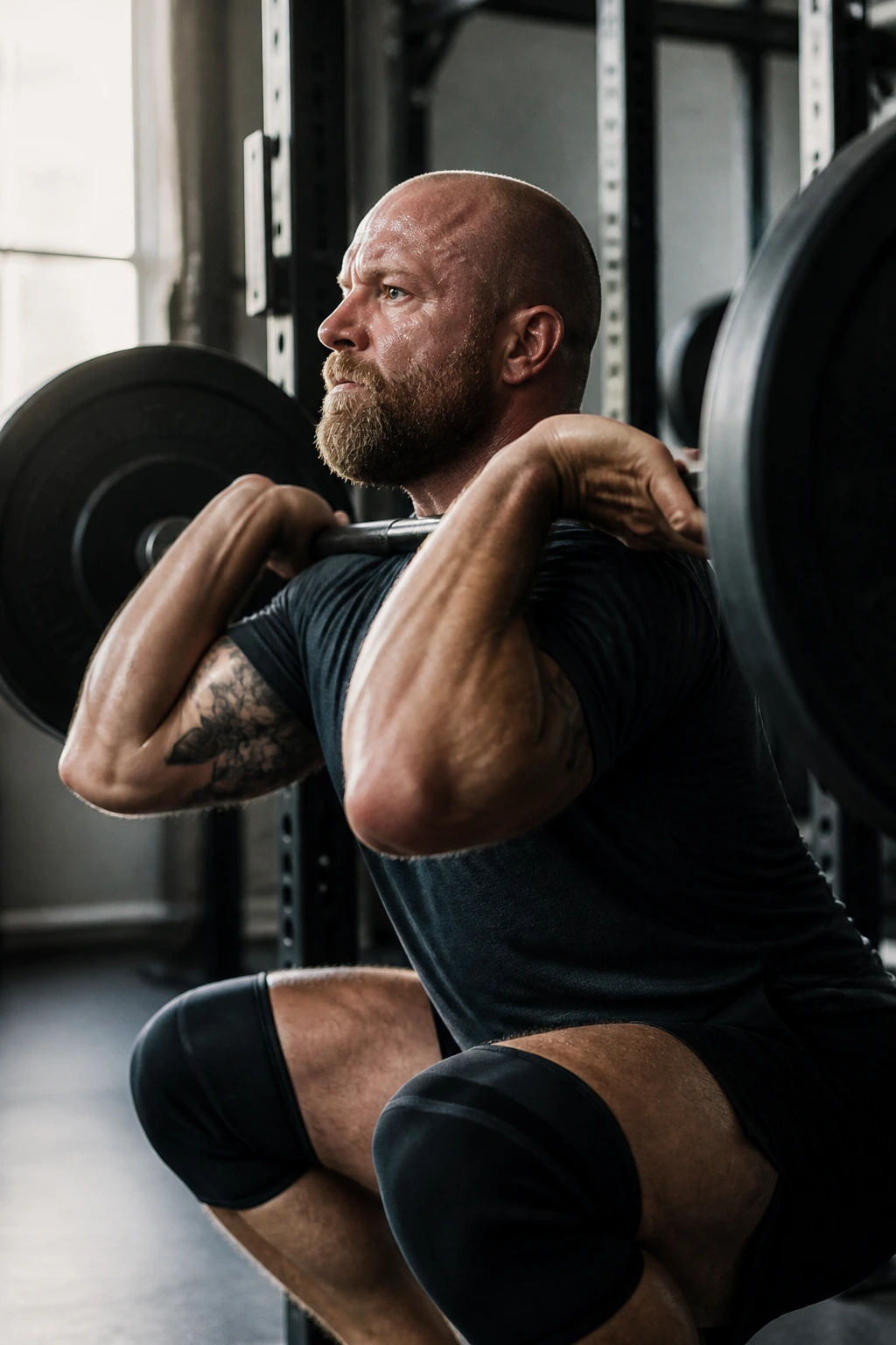 Lifter in front rack front squat position in gym during EMOM