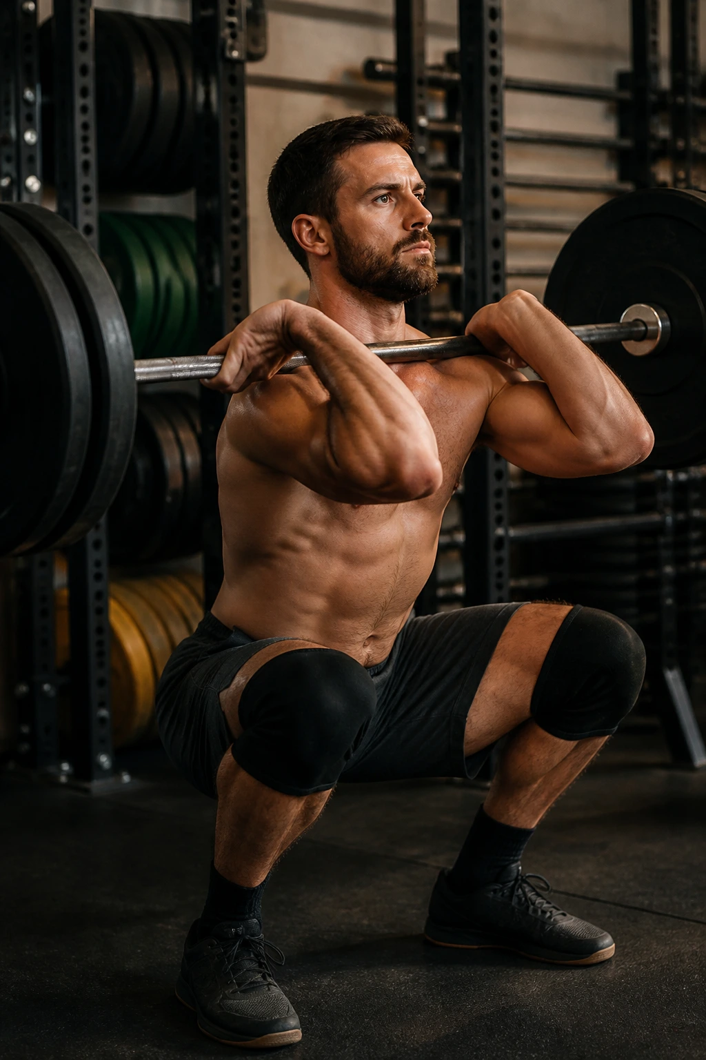 Close-up of a lifter in a front squat position with barbell in the front rack inside a gym.