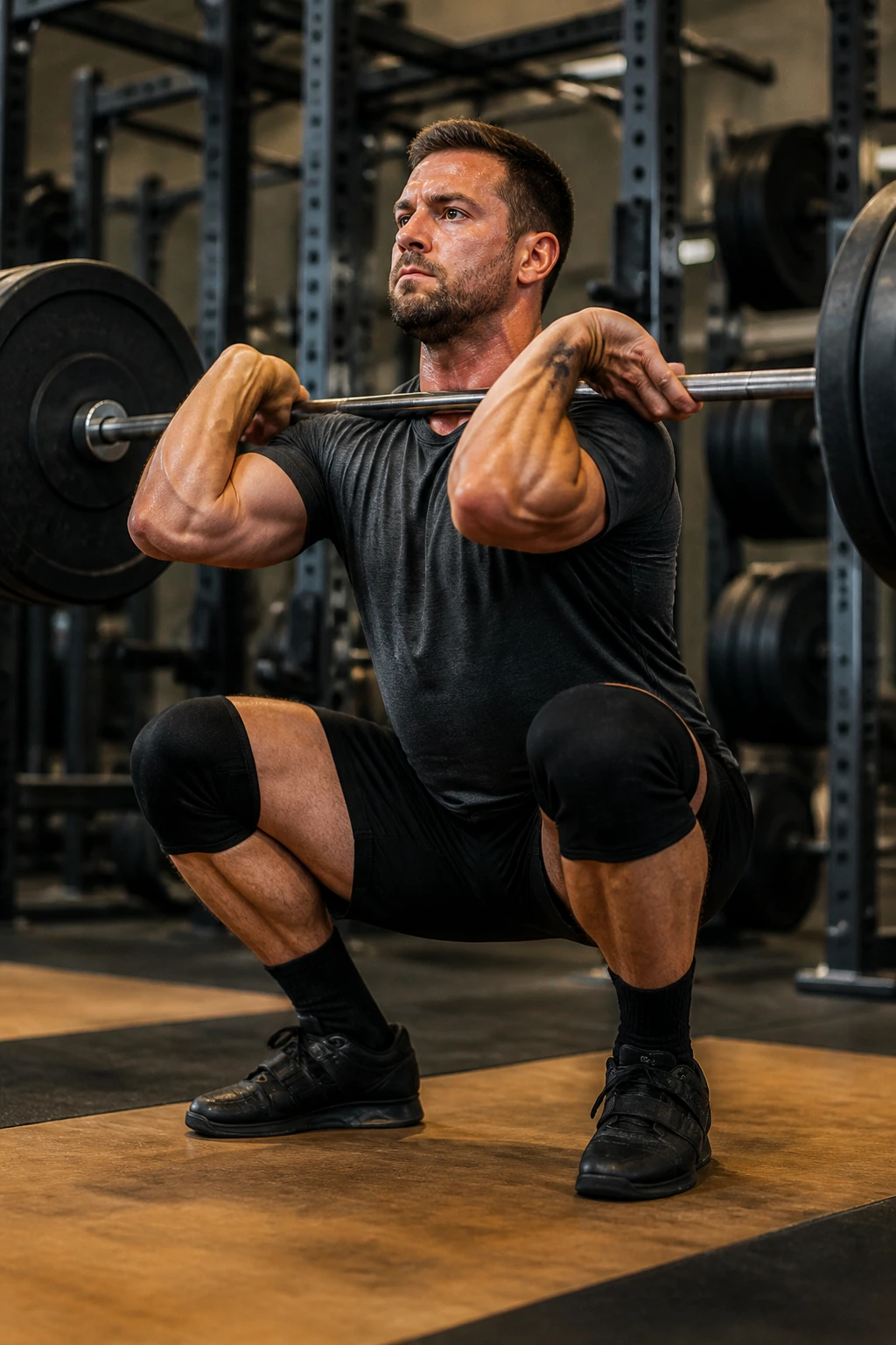 Close-up of a lifter performing a front squat with bar in the front rack in a gym