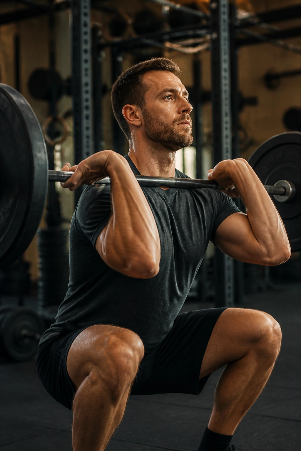 Close-up of athlete front squatting in gym, barbell across shoulders