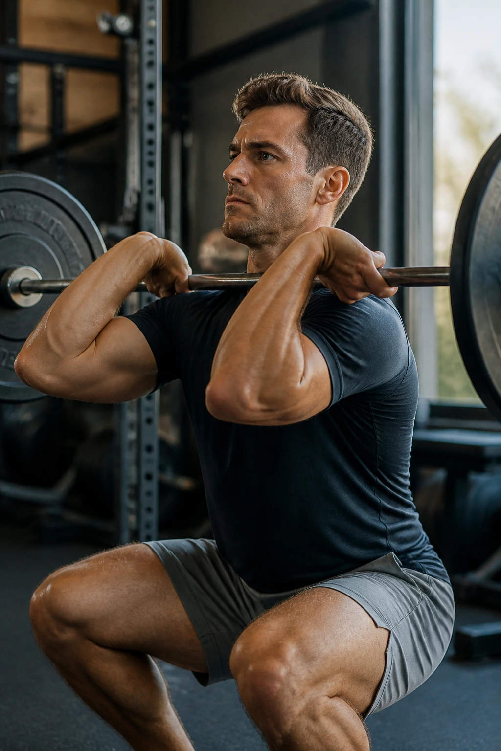 Medium close-up of lifter performing front squat in gym