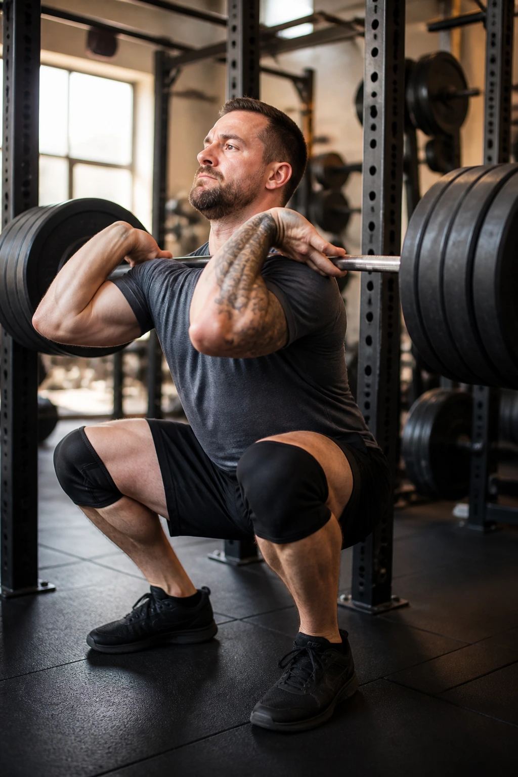 Lifter in front squat position with bar on front rack
