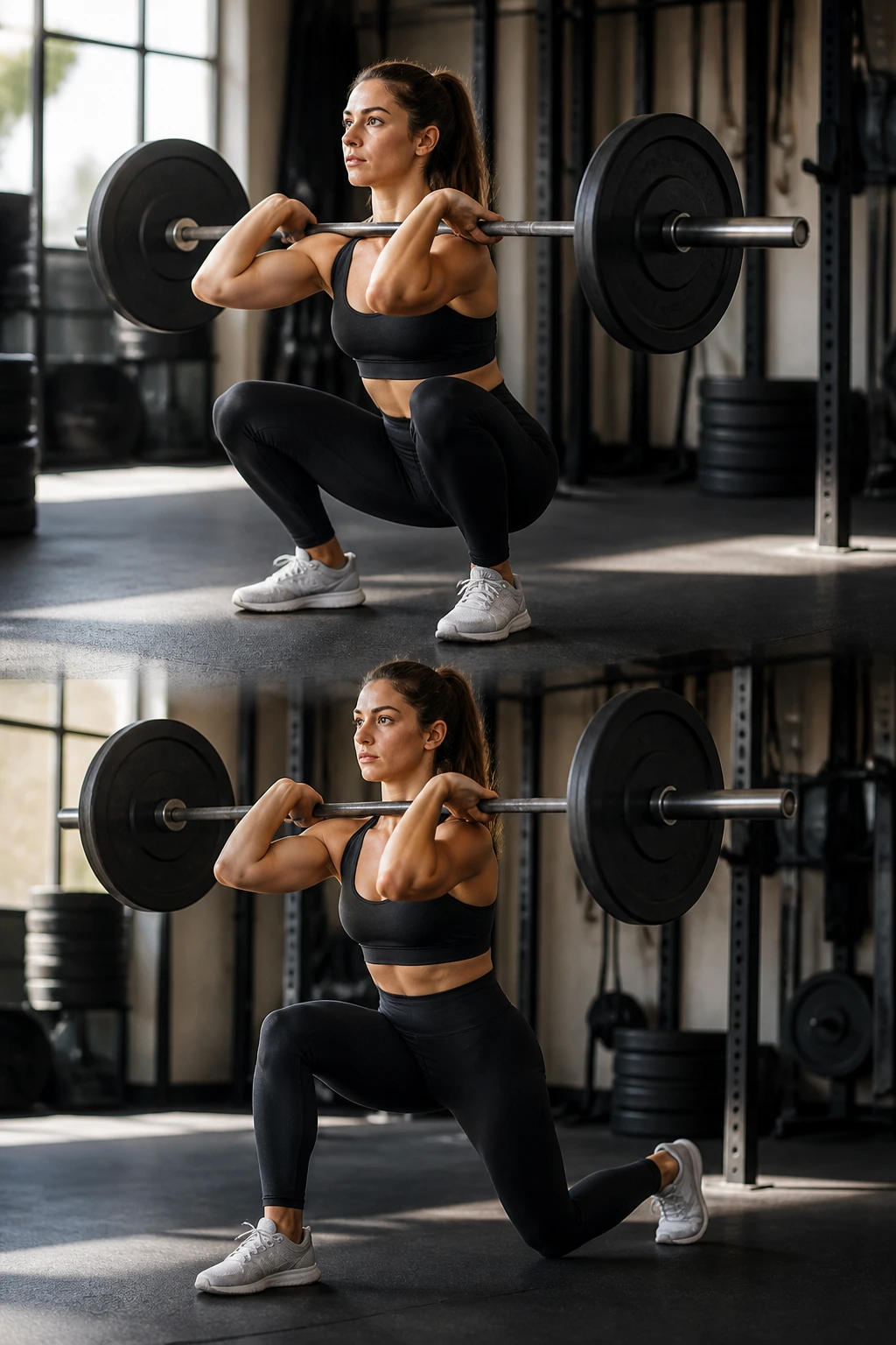 Athlete performing front squat and walking lunge in gym