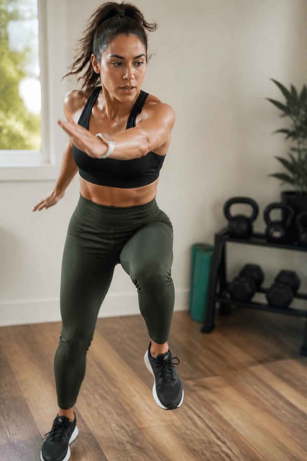 Medium close-up of a person performing alternating front tap and chop in a bright home space.
