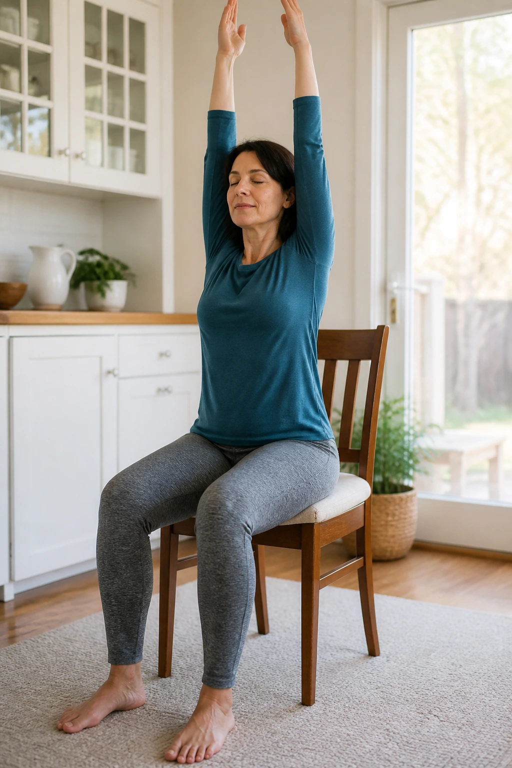 Seated person performing a full-body chair flow with arms overhead.