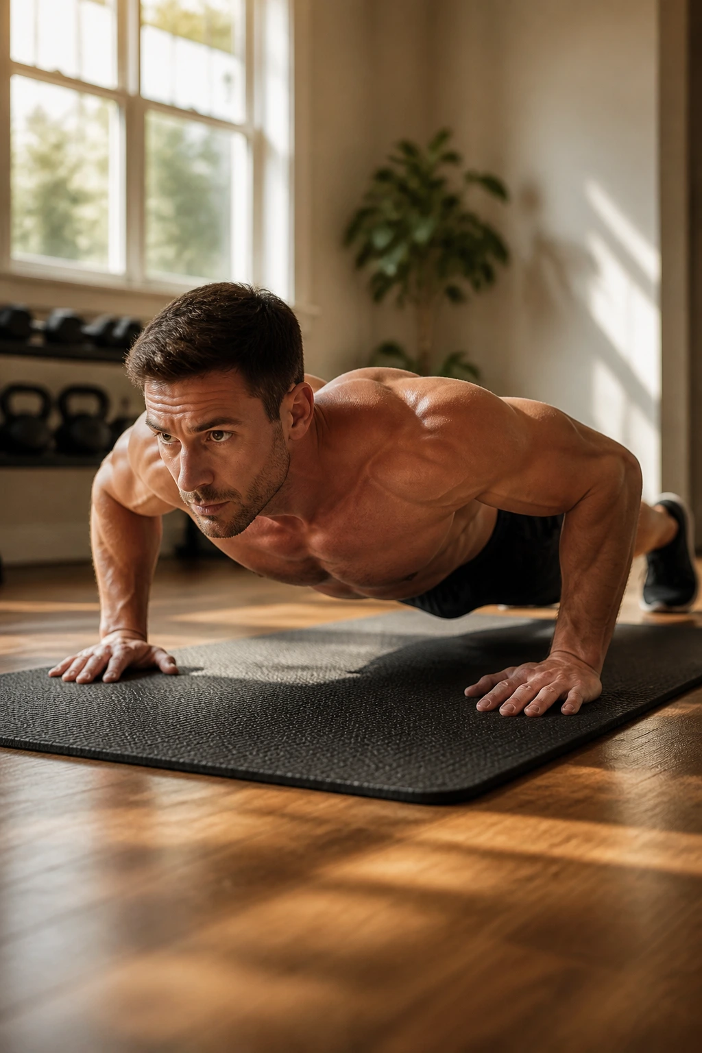 Close-up mid-shot of a fit adult performing a push-up on a mat in a sunlit home gym