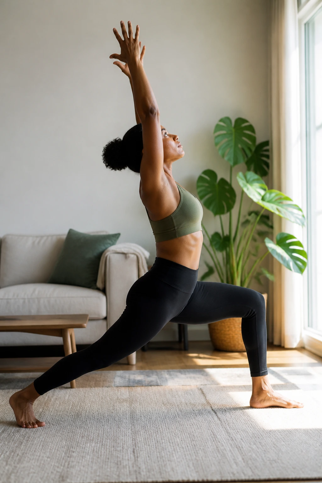 Person in High Lunge demonstrating full body stretch in a bright living room
