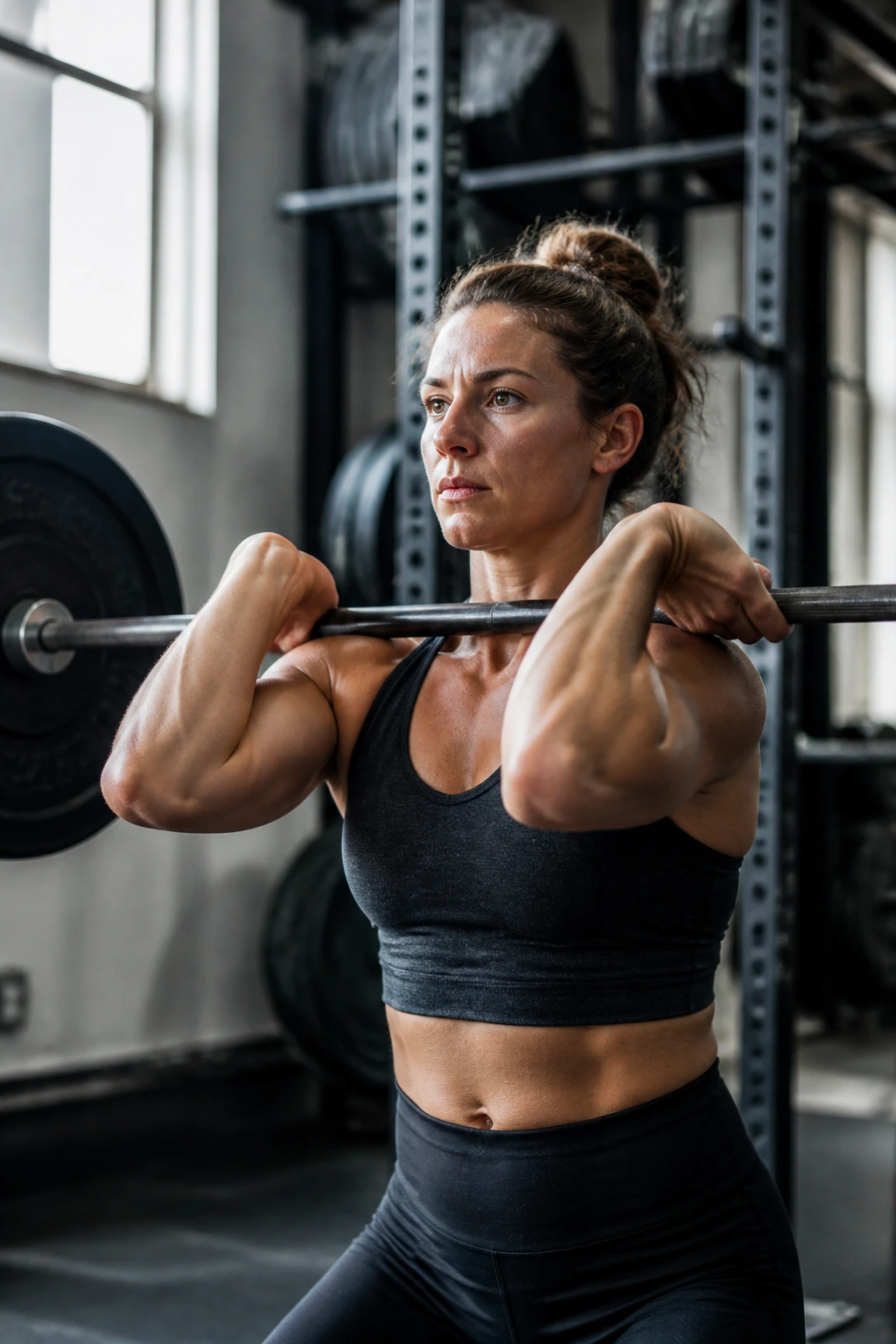 Close-up of athlete performing front squats in a gym