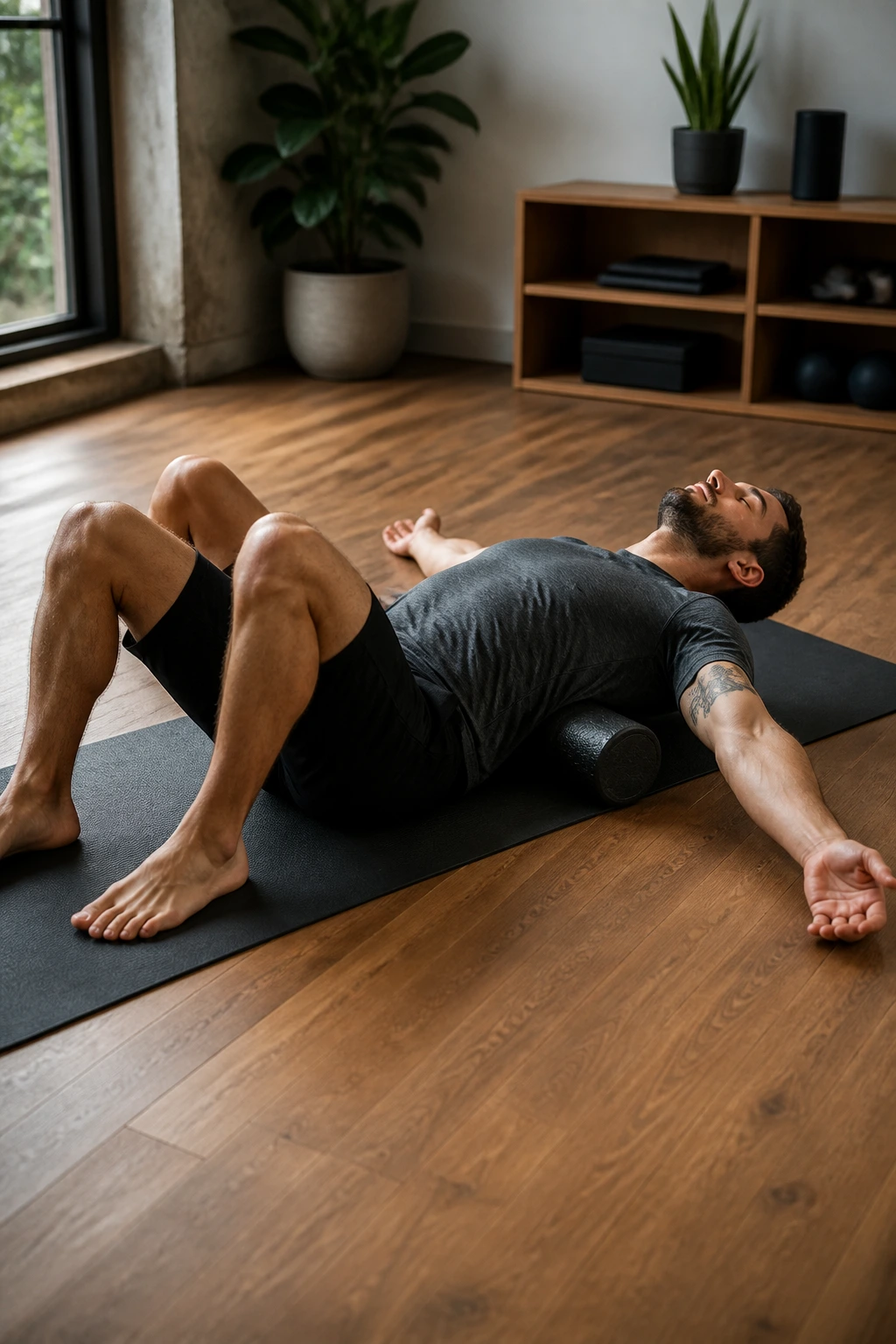 Full-body shot of a person on a mat using a thoracic foam roller for a full-body flow