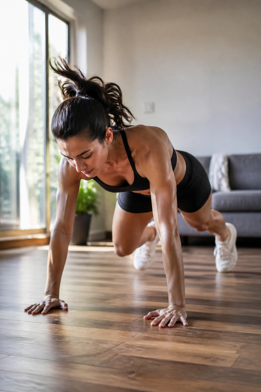 Full-body shot of a fit woman doing a fast, equipment-free HIIT move in a sunny living space