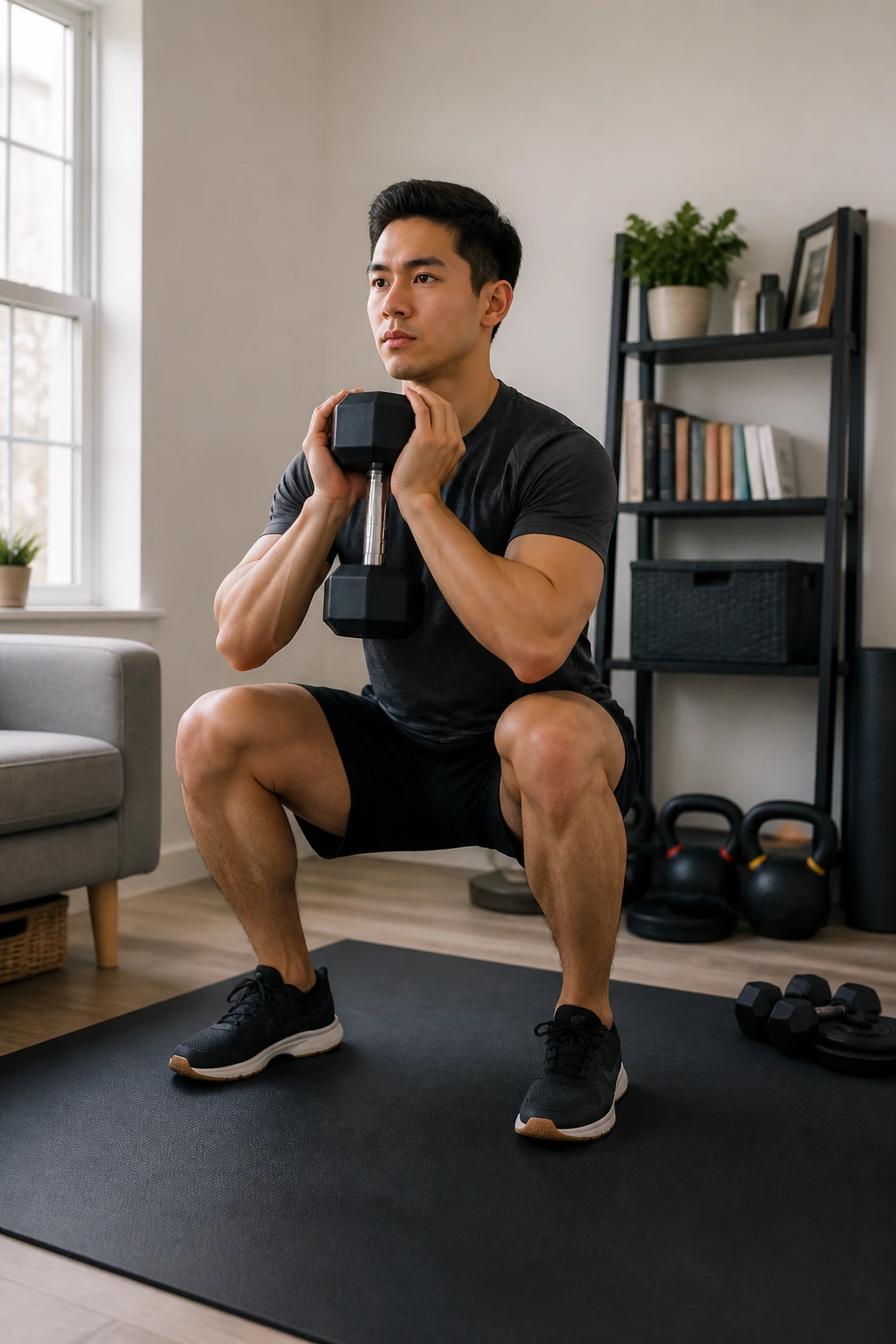 Person performing goblet squat with dumbbell at home