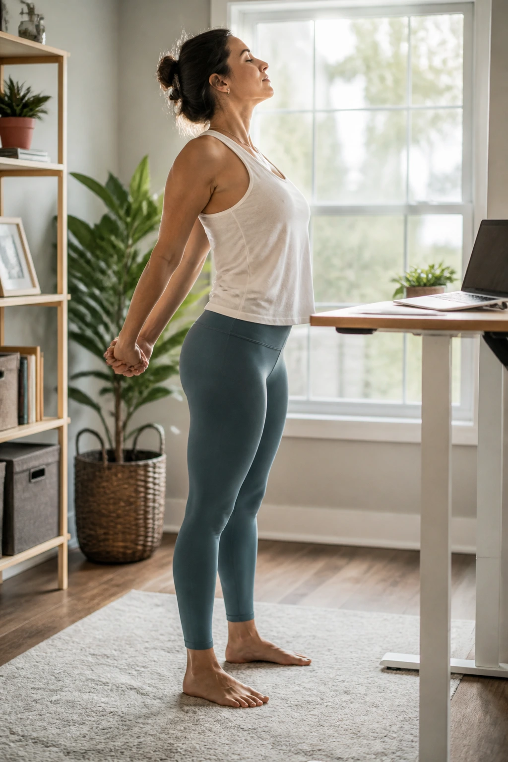 Real person performing chest-opening stretch in a bright home office