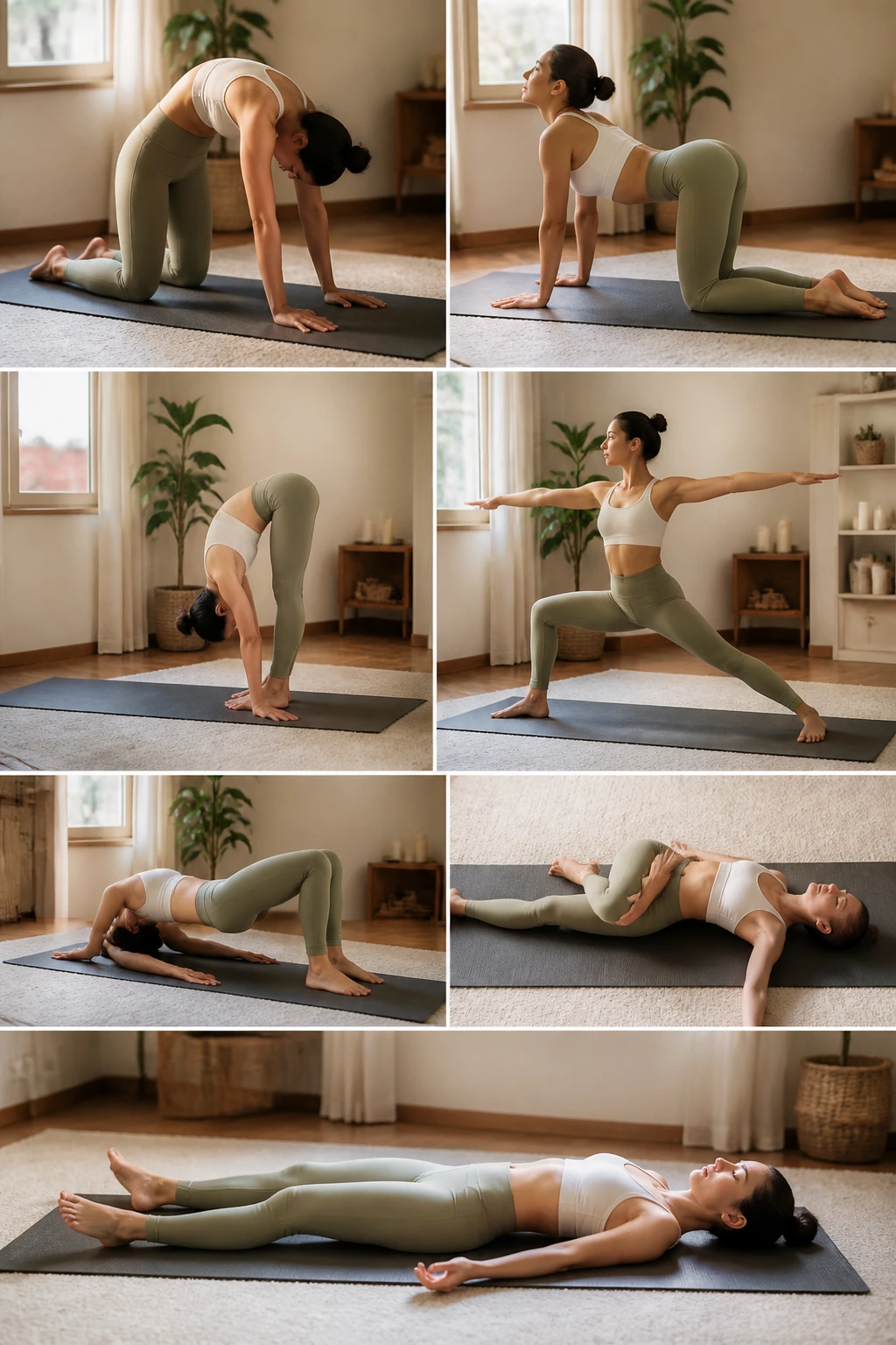 Person performing a full-body reset sequence on a yoga mat in a living room.