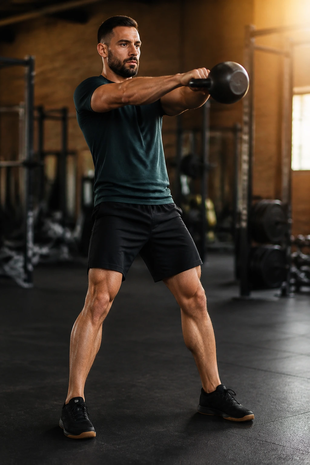 Person performing a kettlebell swing in a gym showing full-body effort