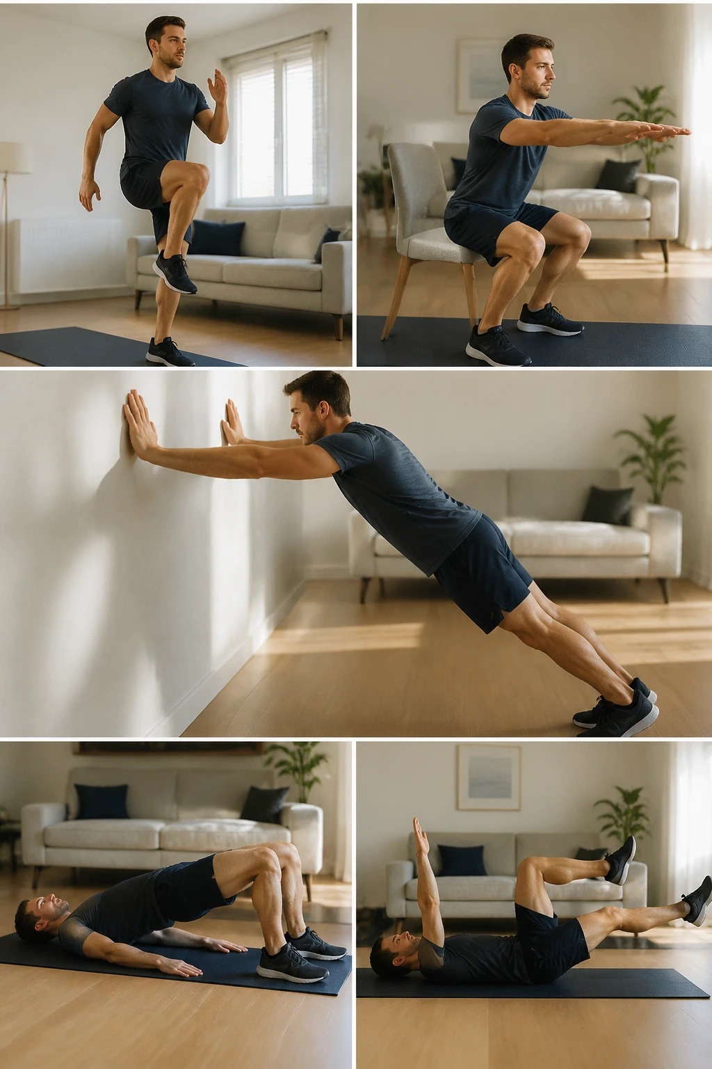 Real person performing a 10-minute beginner full-body wake-up circuit in a cozy home gym, moves include marching, squats, incline push-ups.