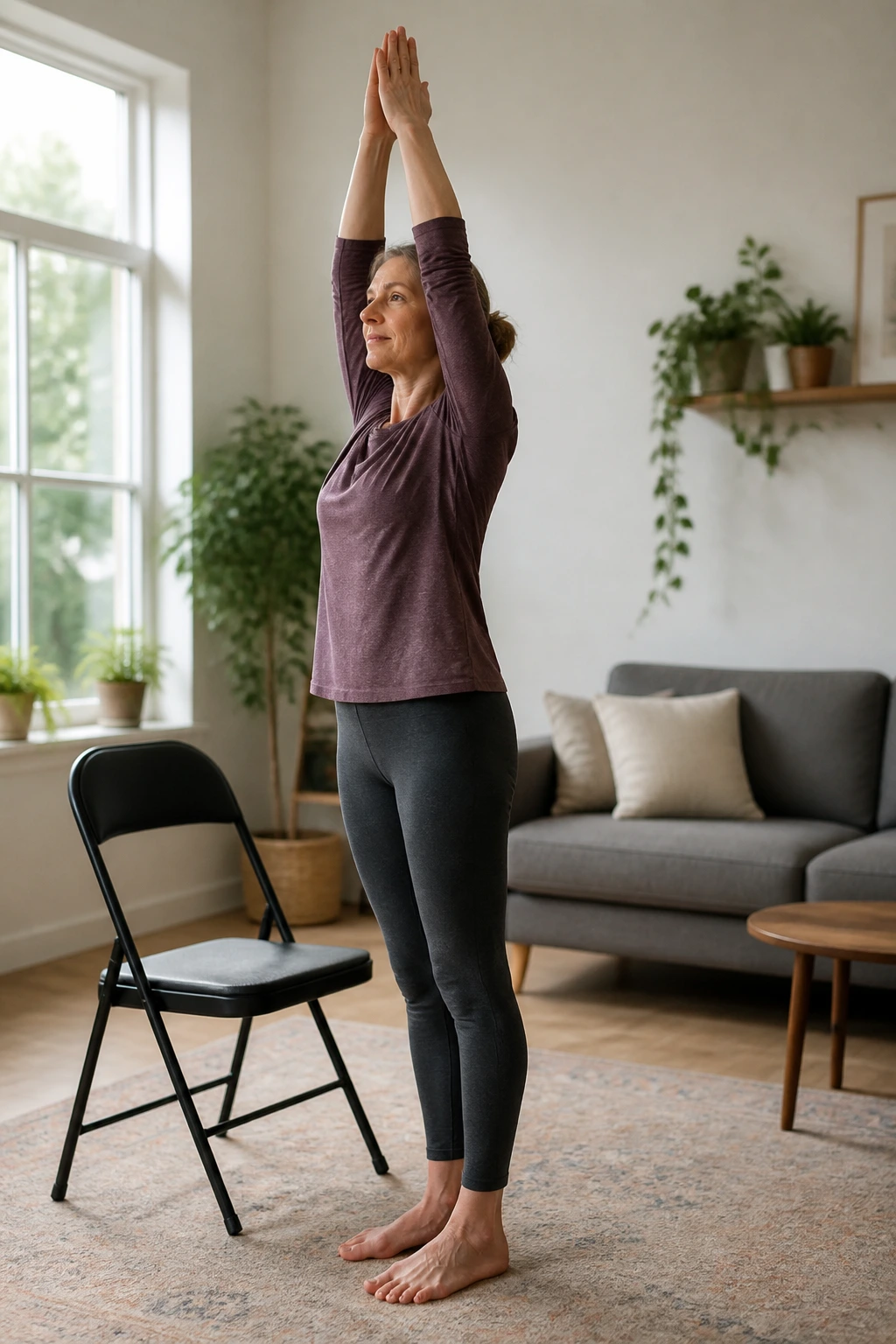 Mid-shot of a person starting a full-body wake-up flow in a living room