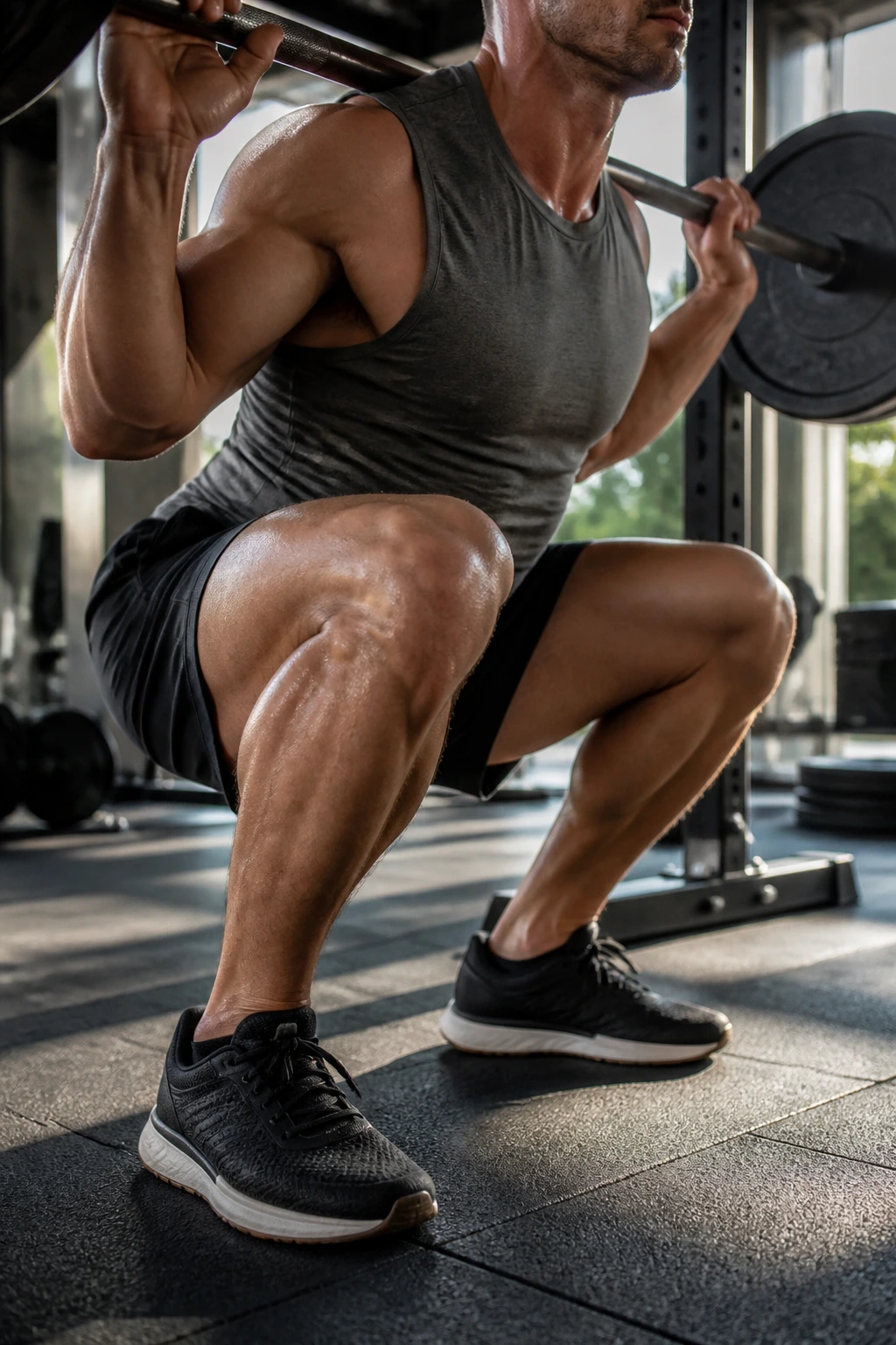 Close-up of knee and hip in deep squat showing full range of motion